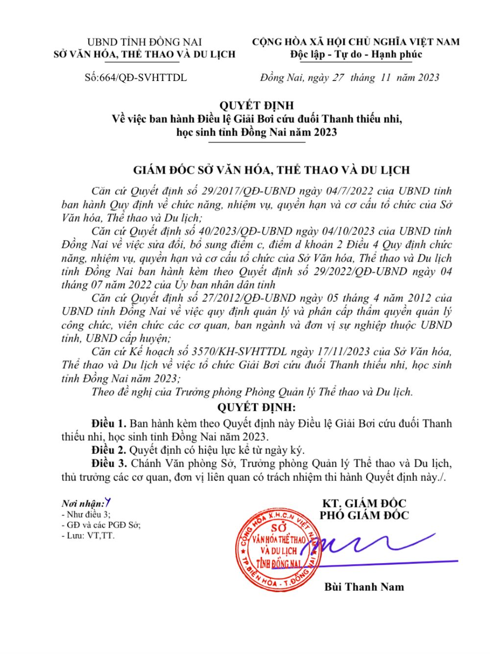 Quyết định về việc ban hành điều lệ giải bơi cứu đuối thanh thiếu nhi, học sinh tỉnh Đồng Nai năm 2023