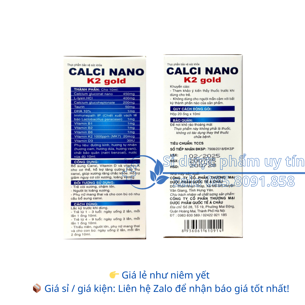 Siro Calci Nano K2 Gold giúp xương răng chắc khỏe giúp giảm nguy cơ còi xương, loãng xương hộp 20 ống