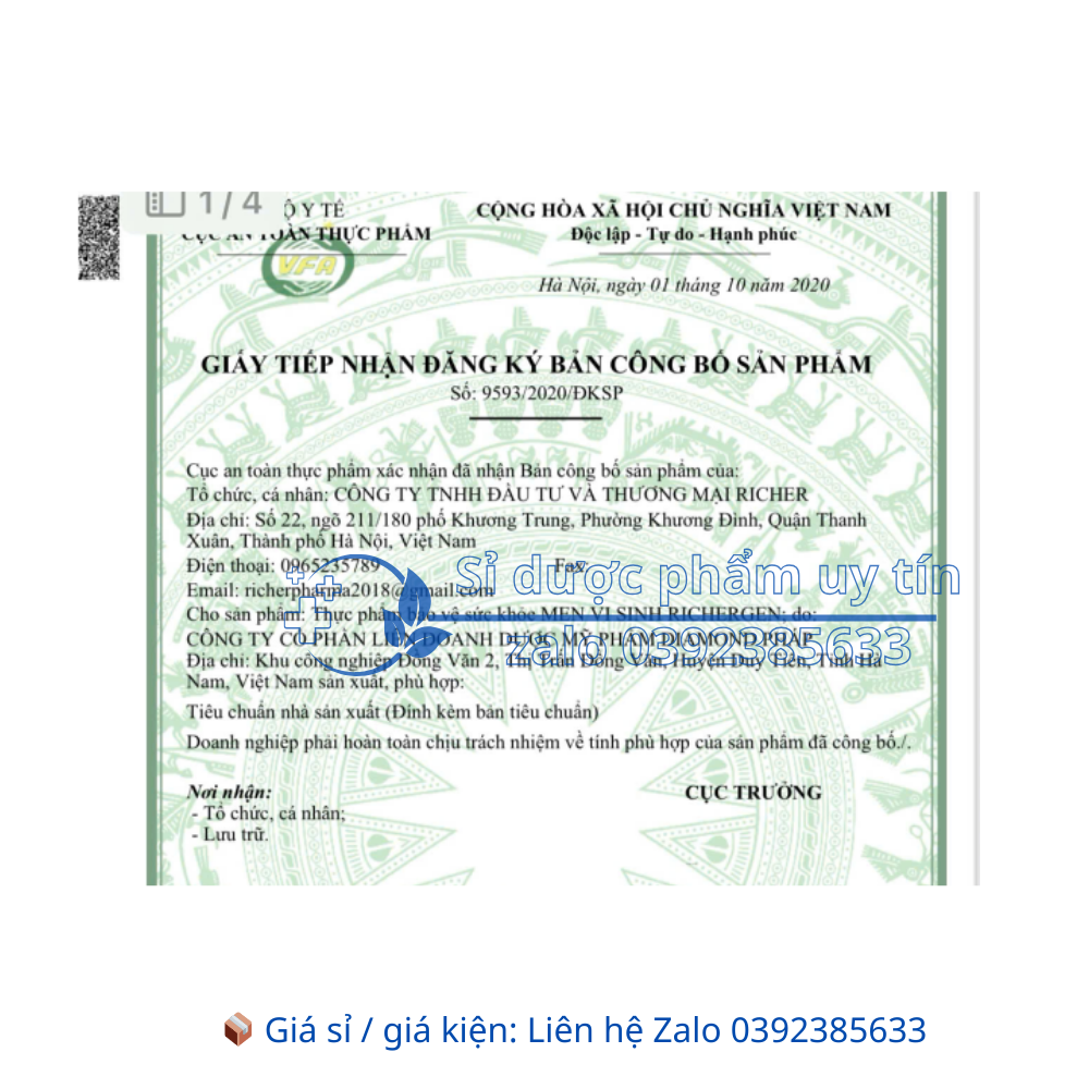 Men Vi Sinh Richergen Giúp bổ sung lợi khuẩn, giảm rối loạn tiêu hoá hộp 20 ống