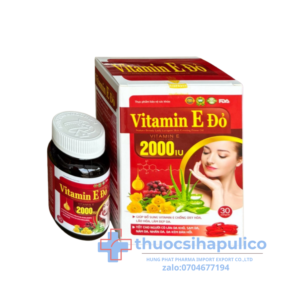 Vitamin E Đỏ 2000 IU giúp chống oxy hóa, hạn chế lão hóa da, làm đẹp da hộp 30 viên