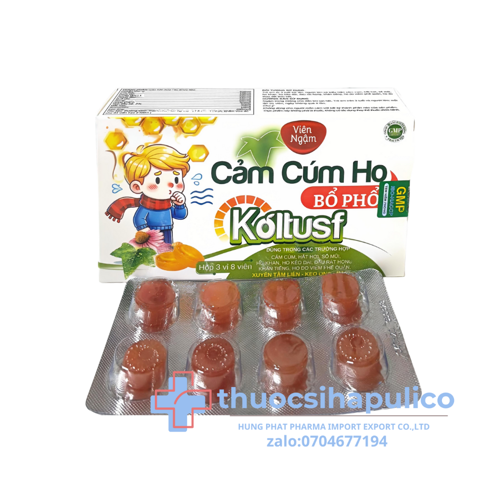Viên Ngậm Cảm Cúm Ho Bổ Phổi Koltusf giúp giảm cảm cúm, hắt hơi, sổ mũi, họ khan, ho kéo dài, đau rát họng, khản tiếng hộp 24 viên