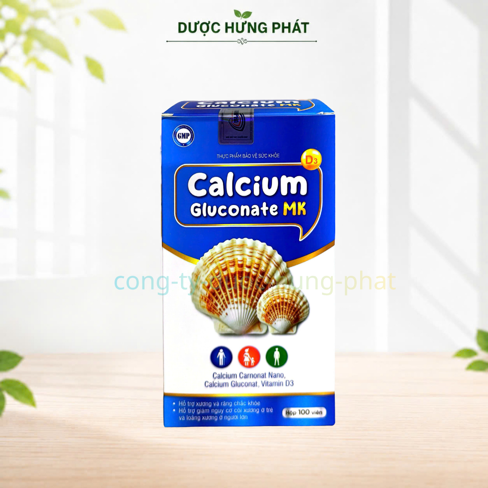 Viên uống Calcium Gluconate MK  giúp bổ sung canxi cho cơ thể, hỗ trợ xương và răng chắc khỏe hộp 100 viên