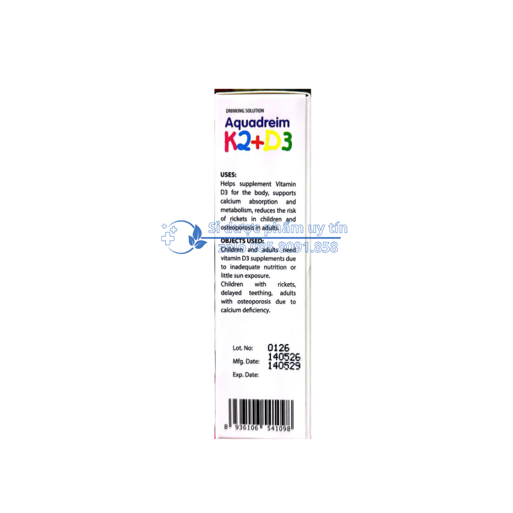 Siro aquadreim k2+d3 giúp bổ sung Vitamin D3 cho cơ thể, hỗ trợ tăng cường hấp thu và chuyển hóa Canxi hộp 10ml