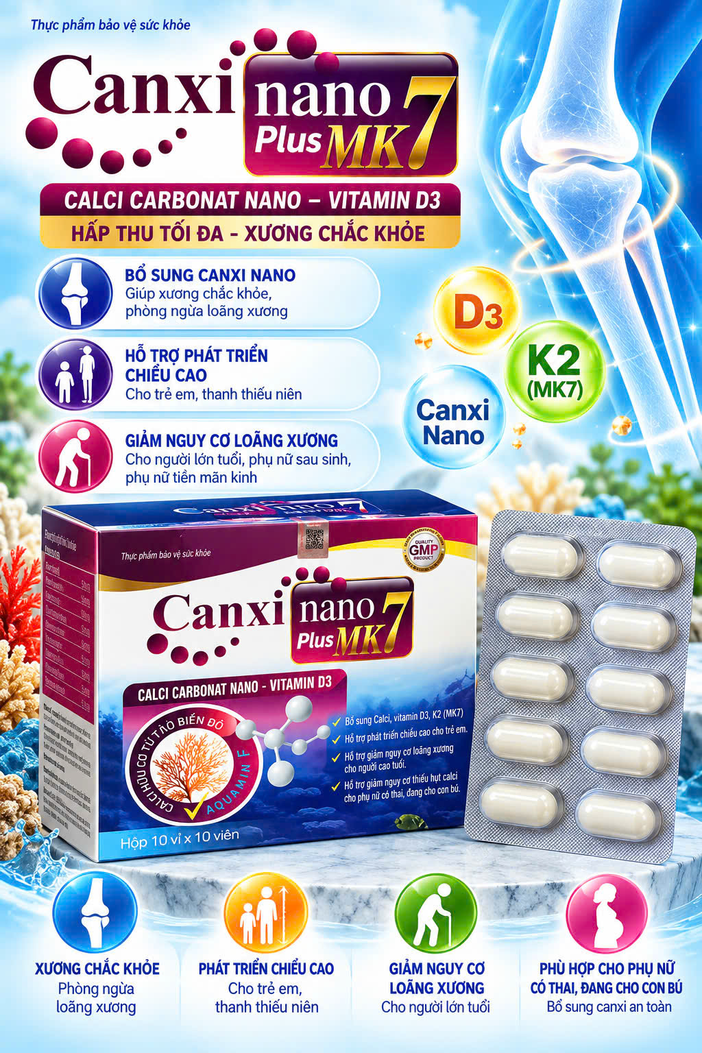 (Mua Sỉ Liên Hệ Zalo) Viên uống Canxi Nano Plus  Mk7 giúp bổ sung canxi và vitamin D3 cho cơ thể hộp 100 viên