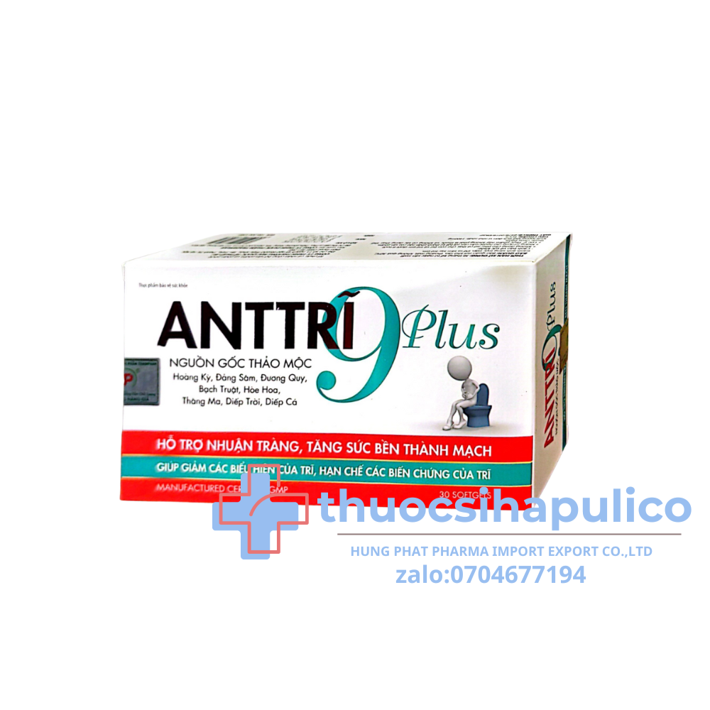 ANTTRĨ 9Plus giúp nhuận tràng, tăng sức bền thành mạch, giúp giảm các biểu hiện của trĩ hộp 30 viên
