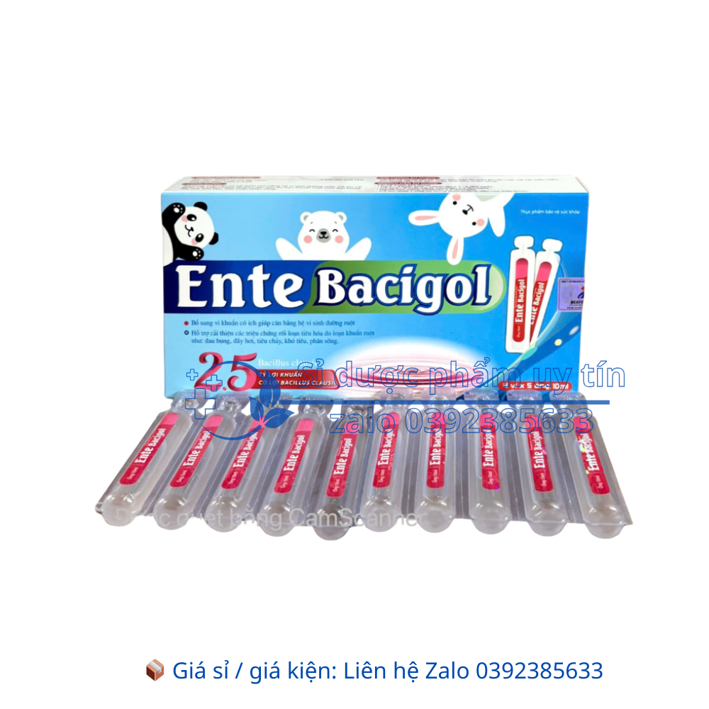 Men Ente Bacigol giảm đau bụng, đầy hơi, khó tiêu, tiêu chảy, phân sống hộp 20 ống