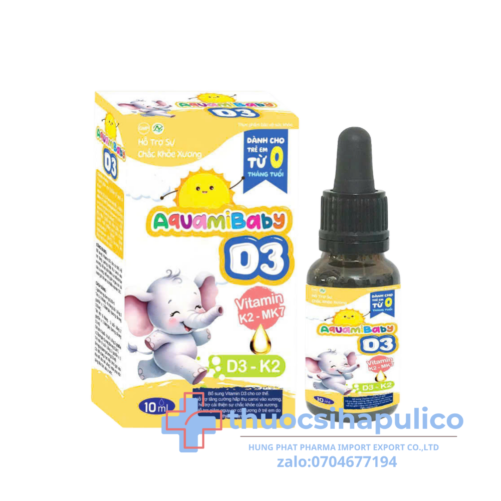 Vitamin Aquamibaby D3 giúp tăng cường hấp thu canxi vào xương, chắc khỏe của xương hộp 10 ml