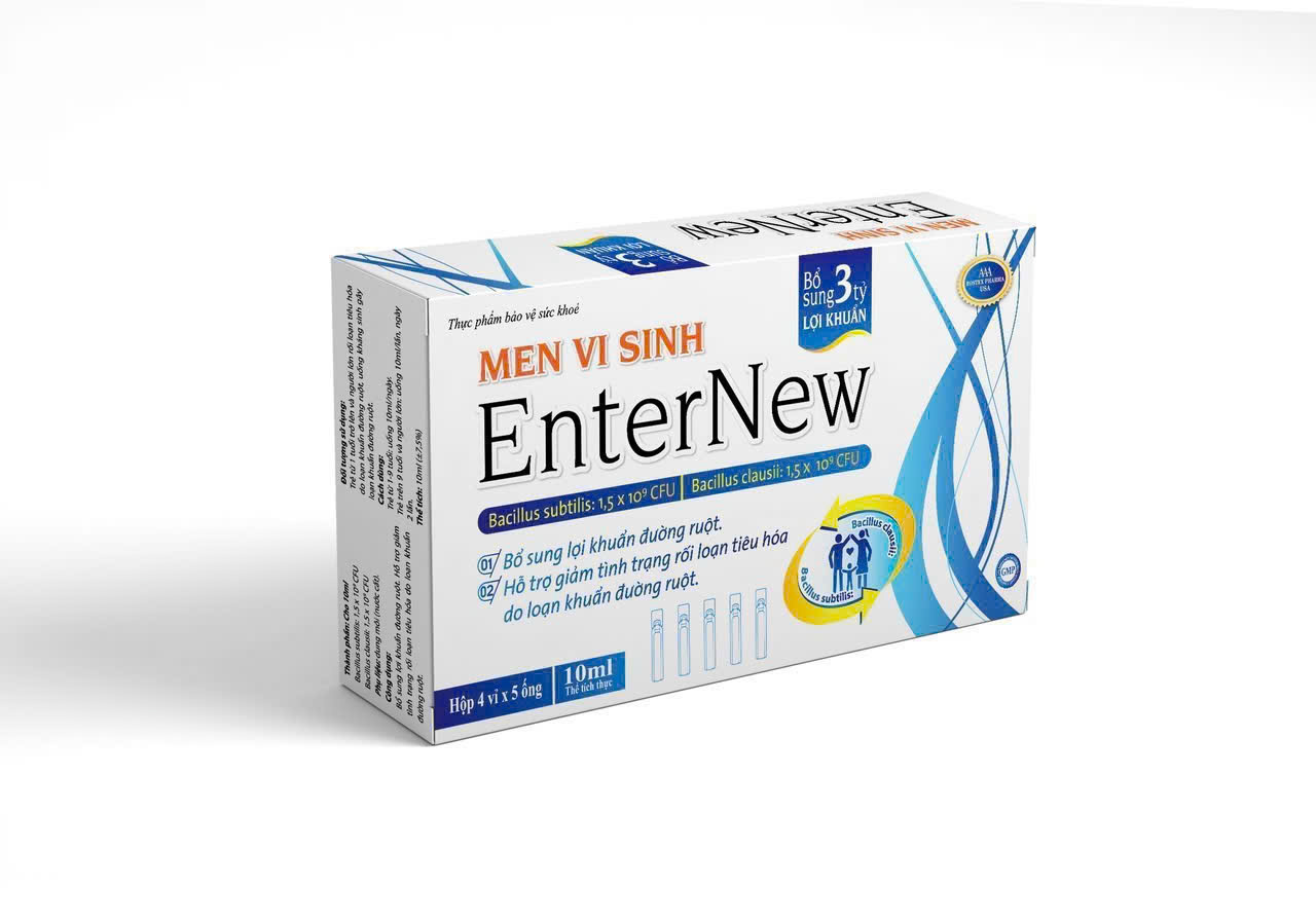 Men Vi Sinh EnterNew giúp bổ sung lợi khuẩn đường ruột. Hỗ trợ giảm tình trạng rối loạn tiêu hóa hộp 20 ống