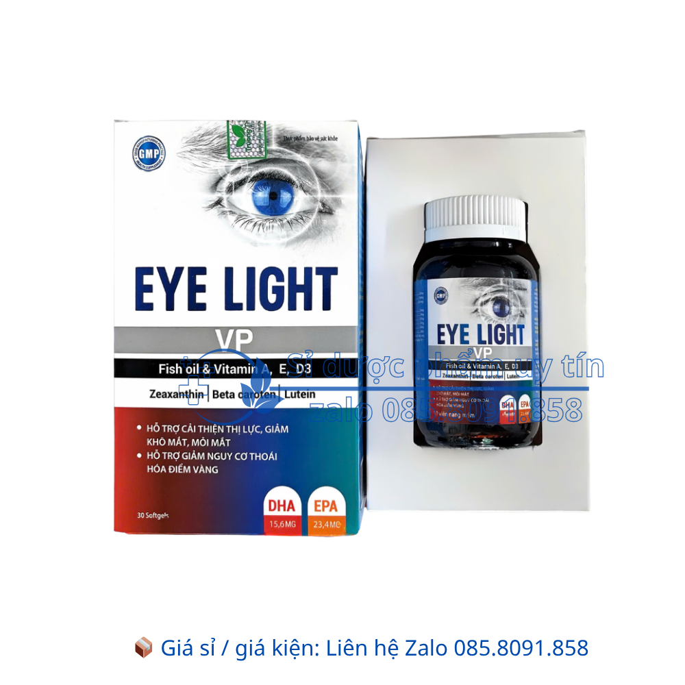 Viên uống bổ mắt Eye Light VP giúp cải thiện thị lực, giảm các biểu hiện khô mắt, mỏi mắt, giảm nguy cơ thoái hóa điểm vàng hộp 30 viên