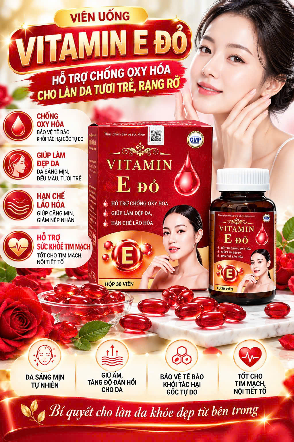 (Mua Sỉ Liên Hệ Zalo) Viên uống Vitamin E Đỏ giúp hỗ trợ chống oxy hóa, giúp bảo vệ và hạn chế lão hóa da, giúp da sáng, mịn hộp 30 viên