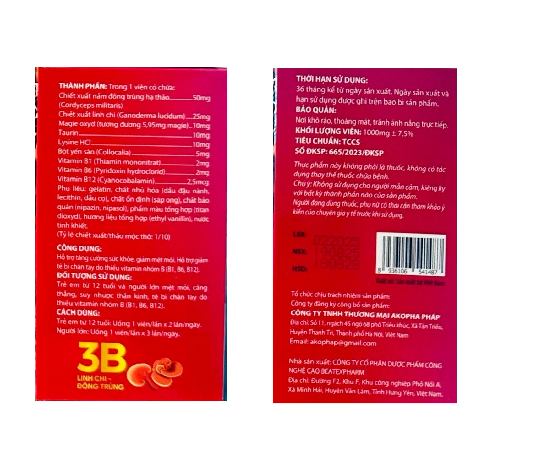 Viên uống  Vitamin 3B Linh Chi - Đông Trùng vàng giúp tăng cường sức khỏe, giảm mệt mỏi hộp 100 viên