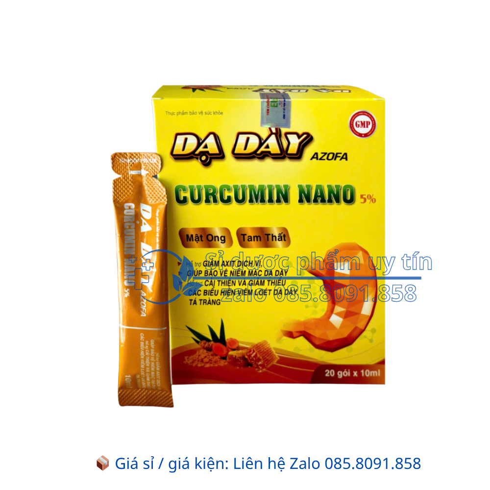 Gel Dạ Dày Azofa Curcumin Nano 5% giúp giảm thiểu các biểu hiện viêm loét dạ dày, tá tràng hộp 20 gói