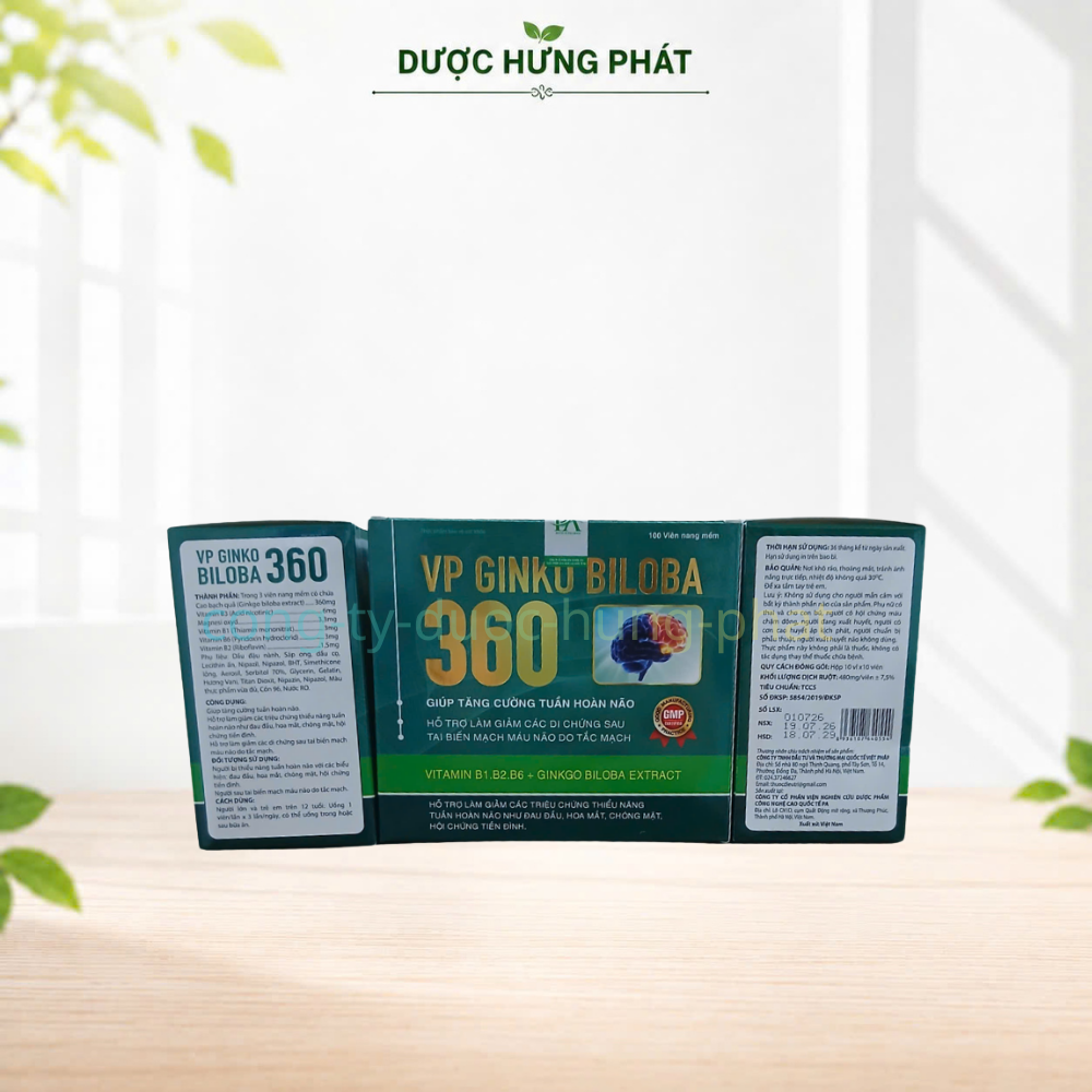 Viên uống bổ não VP Ginko Biloba 360 Hộp Xanh giúp tăng cường tuần hoàn não, giảm các triệu chứng thiểu năng tuần hoàn não hộp 100 viên