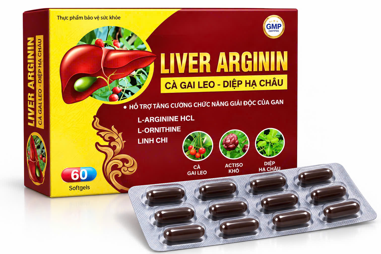 (Mua Sỉ Liên Hệ Zalo) Viên uống bổ gan Liver Arginin Cà Gai Leo - Diệp Hạ Châu giúp thanh nhiệt, giải độc gan hộp 60 viên