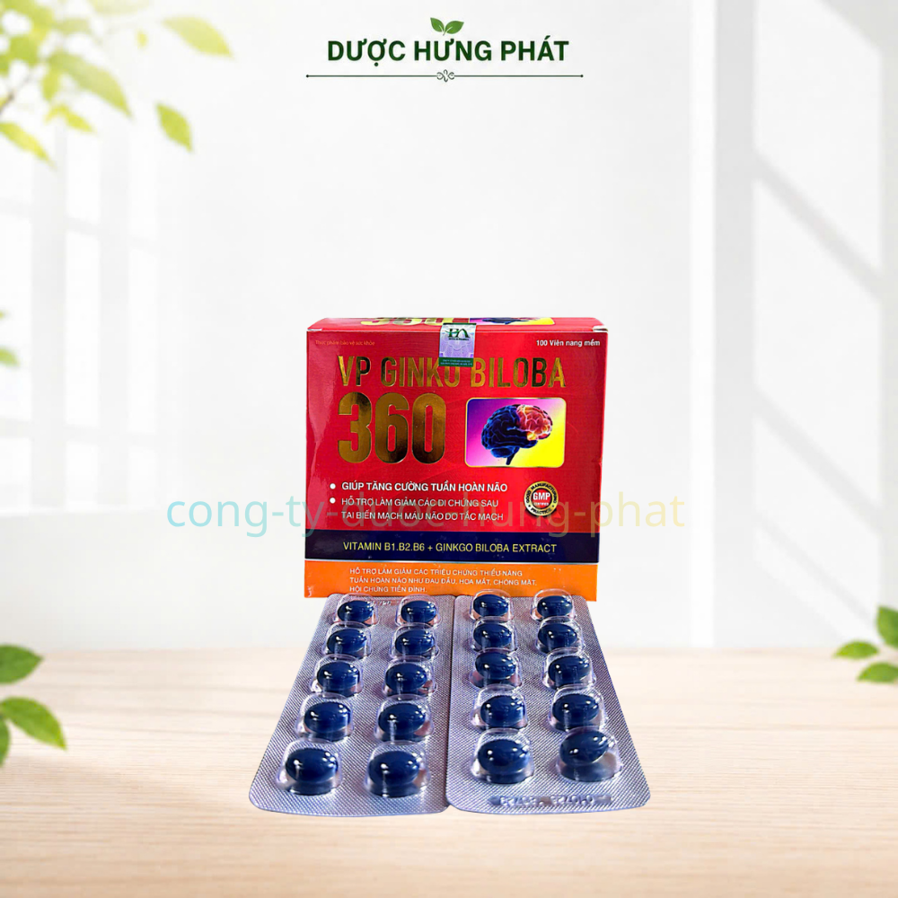 Viên uống bổ não VP Ginko Biloba 360 Hộp Đỏ giúp tăng cường tuần hoàn não, giảm các triệu chứng thiểu năng tuần hoàn não hộp 100 viên