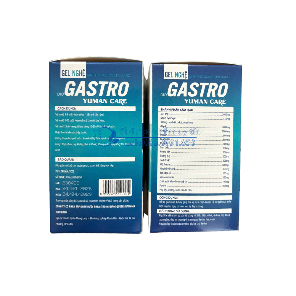 Gel Nghệ Mật Ong Curcumin Nano Dio Gastro Yuman Care giúp bảo vệ dạ dày, giảm viêm loét dạ dày tá tràng hộp 20 gói