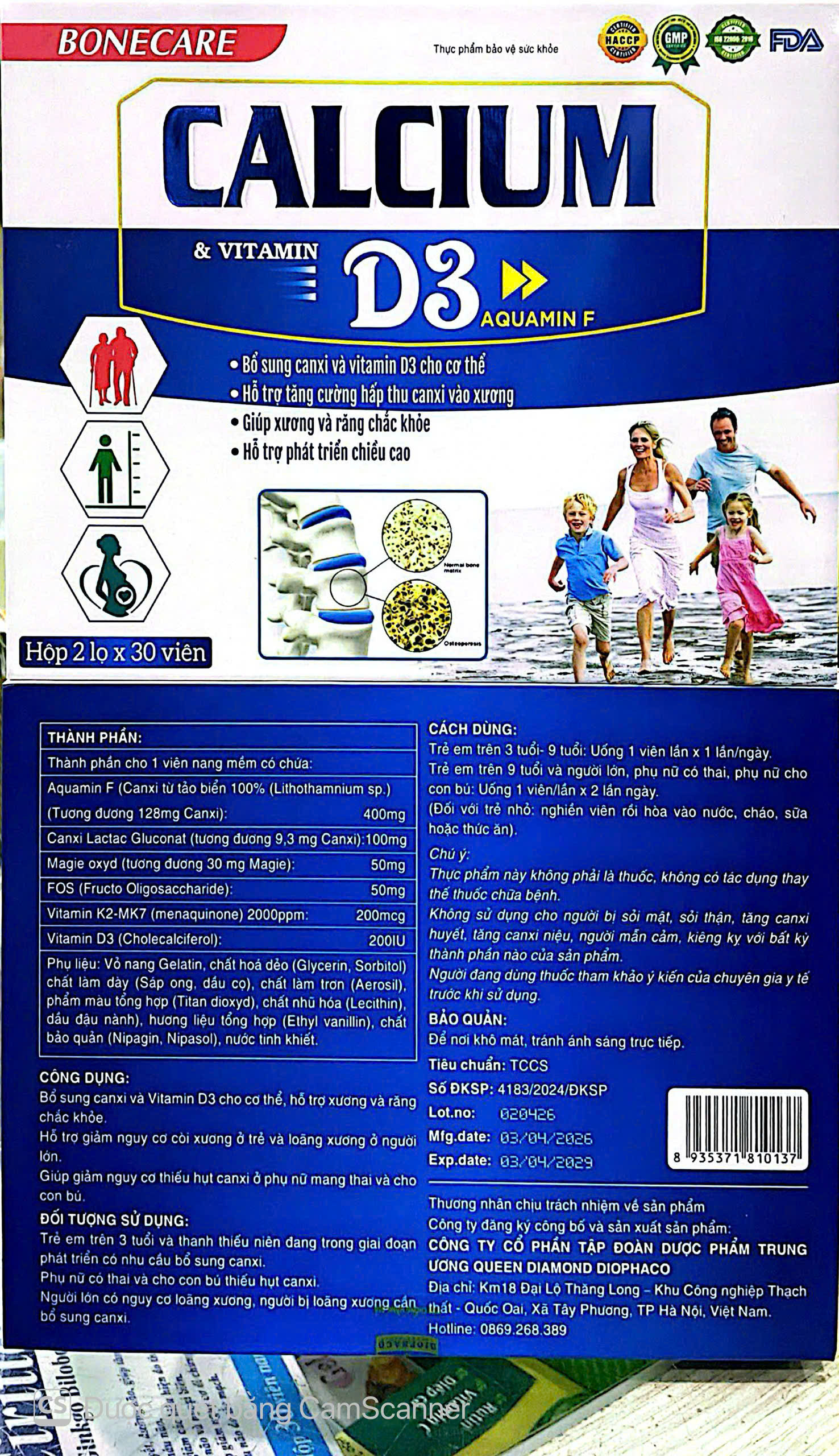 Viên uống bổ sung canxi Bonecare Calcium và vitamin D3 Aquamin F hộp 2 lọ x 30 viên