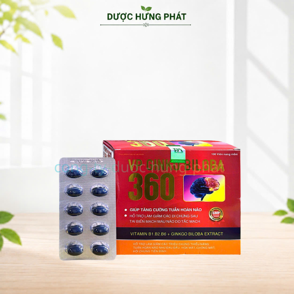 Viên uống bổ não VP Ginko Biloba 360 Hộp Đỏ giúp tăng cường tuần hoàn não, giảm các triệu chứng thiểu năng tuần hoàn não hộp 100 viên