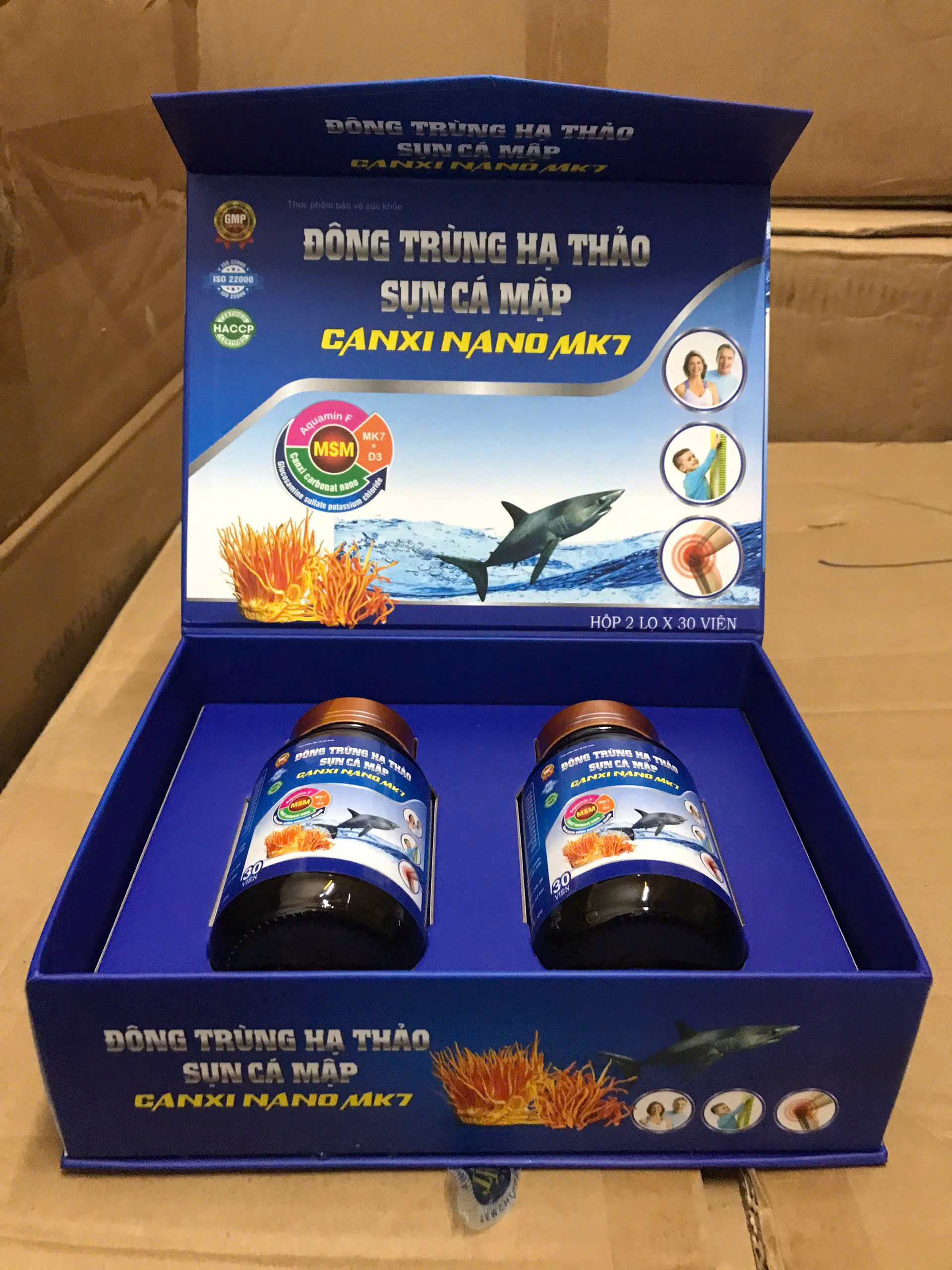 (Mua Sỉ Liên Hệ Zalo) Đông Trùng Hạ Thảo Sụn Cá Mập Canxi Nano Mk7 giúp làm trơn ổ khớp, giúp khớp vận động linh hoạt hộp 60 viên