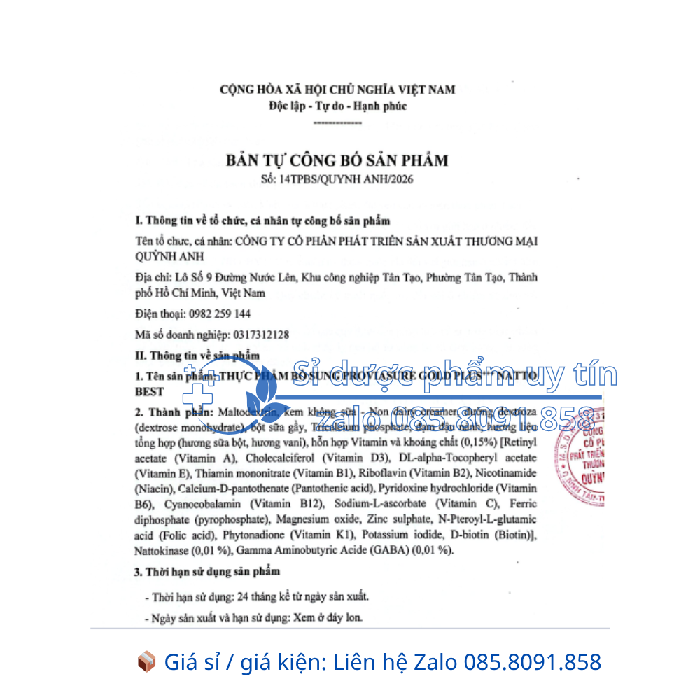 Sữa bổ não Proviasure Gold Plus+++ Natto Best hộp 800g