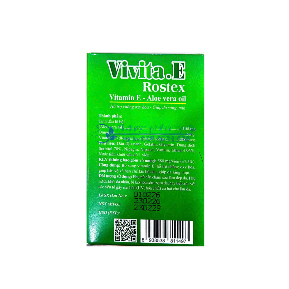 Viên uống Vivita.E Rostex giúp bổ sung vitamin E, hỗ trợ chống oxy hóa, giúp bảo vệ và hạn chế lão hóa da, giúp da sáng, mịn hộp 30 viên
