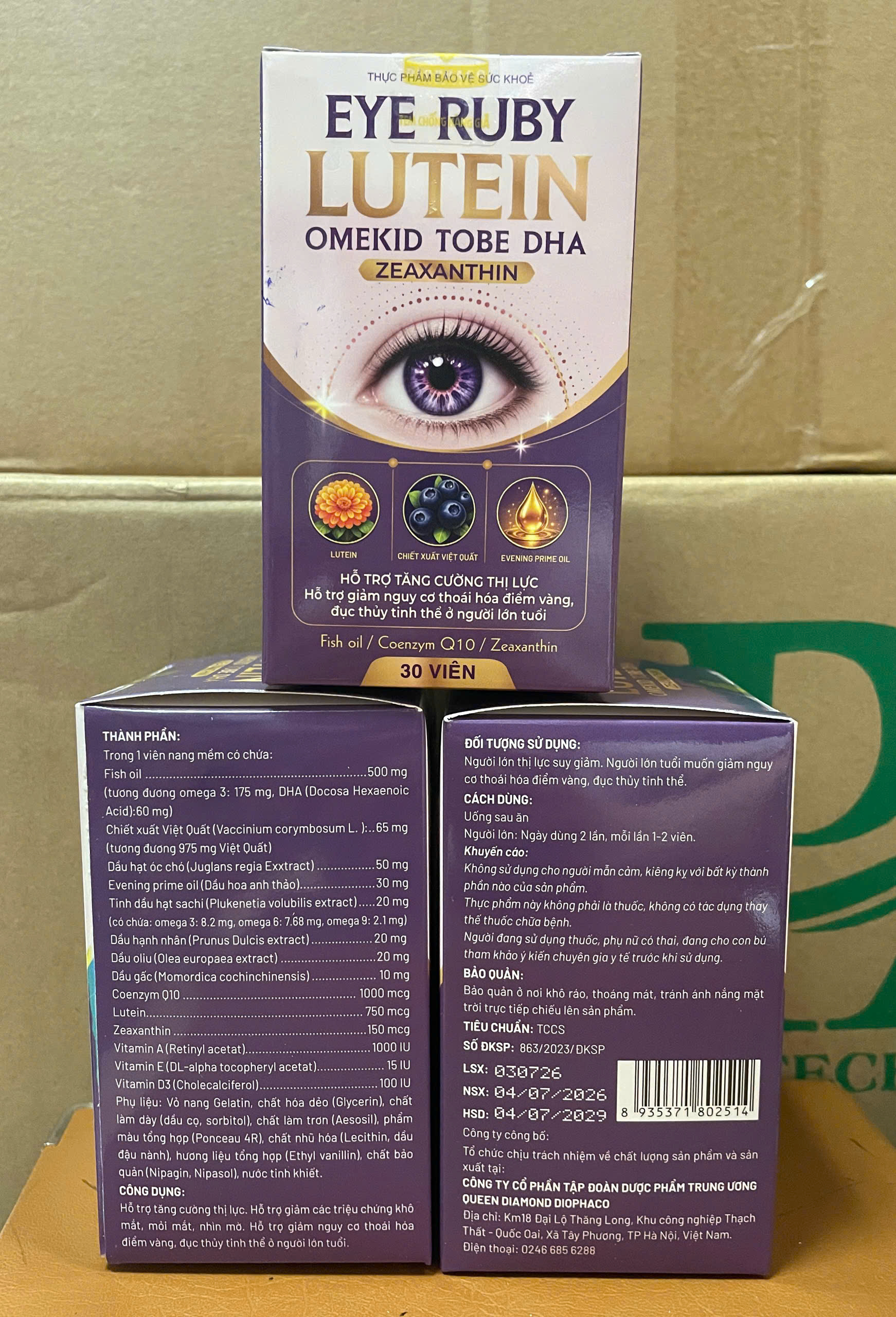 (Mua Sỉ Liên Hệ Zalo) Viên uống bổ mắt Eye Ruby Omekid Tobe DHA Tím giúp tăng cường thị lực, giảm các triệu chứng khô mắt, mỏi nhìn mờ hộp 30 viên