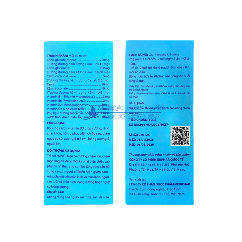 Siro Calci Nano MK7 Euphar giúp bổ sung canxi, vitamin D3 giúp xương, răng chắc khỏe, hỗ trợ phát triển chiều cao hộp 20 ống