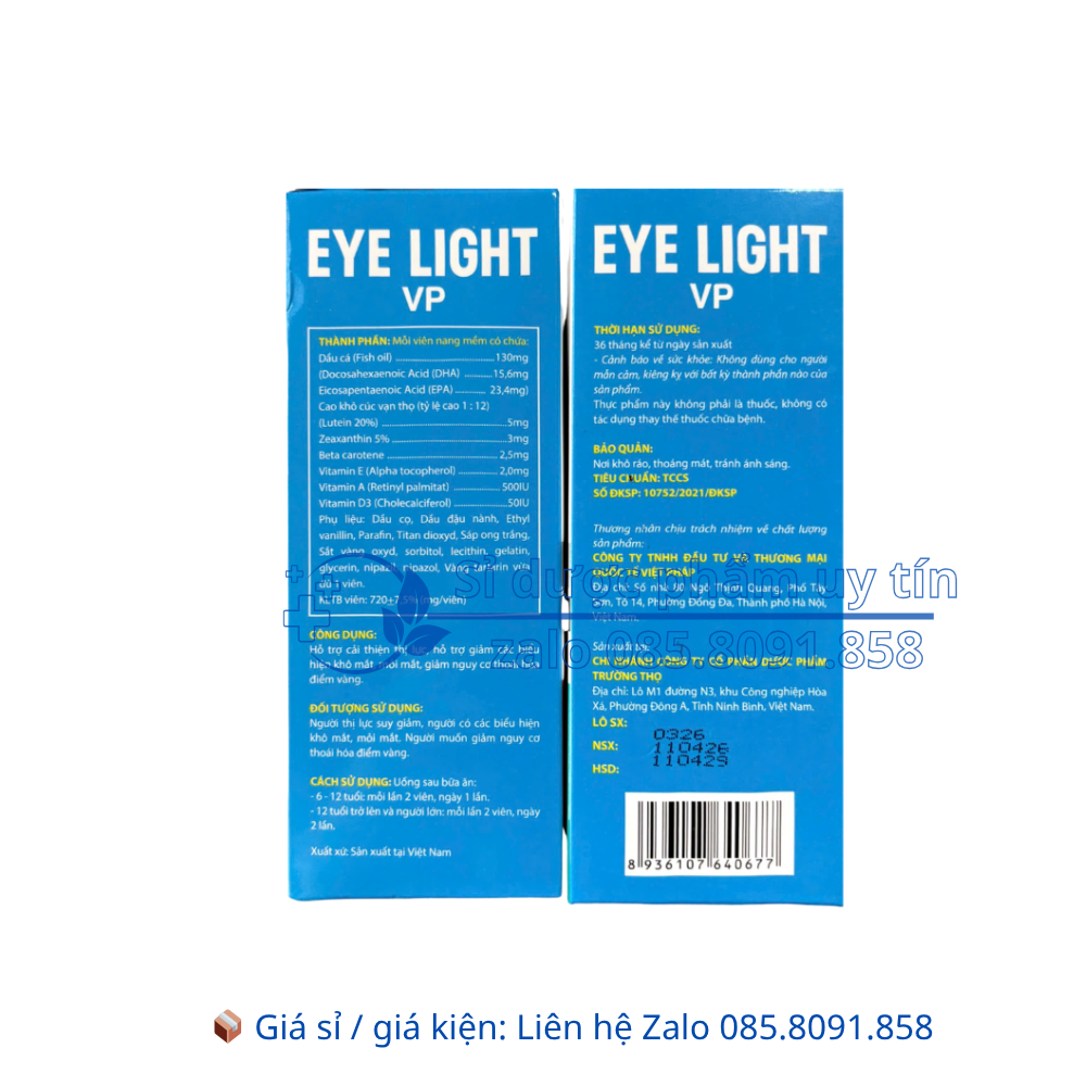 Viên uống bổ mắt Eye Light VP giúp cải thiện thị lực, giảm các biểu hiện khô mắt, mỏi mắt, giảm nguy cơ thoái hóa điểm vàng hộp 30 viên