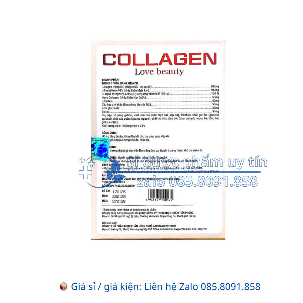 Viên uống Collagen Love Beauty giúp tăng độ ẩm, tăng đàn hồi cho da, giúp sáng đẹp da hộp 30 viên