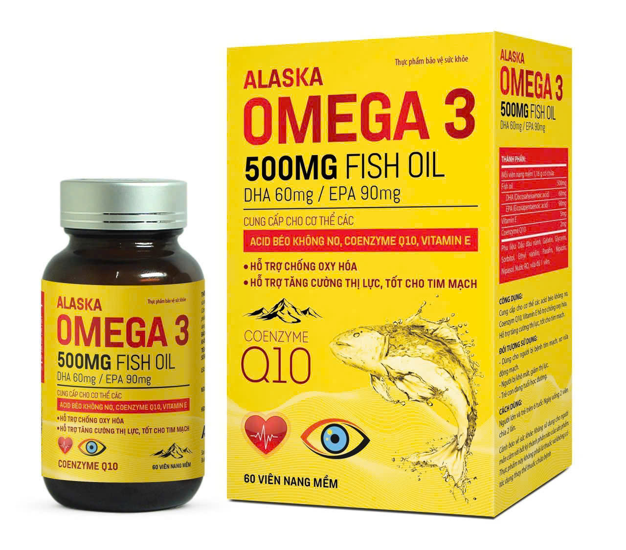 (Mua Sỉ Liên Hệ Zalo) Viên uống Alaska Omega 3 Fish Oil 500MG giúp tăng cường thị lực, tốt cho tim mạch hộp 60 viên Hộp Vàng