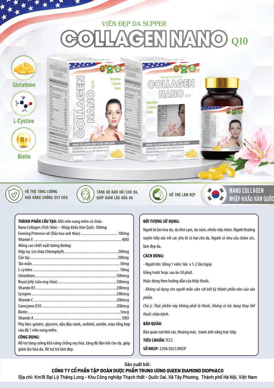 (Mua Sỉ Liên Hệ Zalo) Viên uống đẹp da Supper Collagen Nano Q10 giúp tăng độ ẩm, tăng đàn hồi cho da, giúp sáng đẹp da hộp 60 viên Hộp trắng