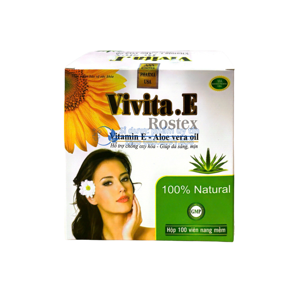 Viên uống Vivita.E Rostex giúp bổ sung vitamin E, hỗ trợ chống oxy hóa, giúp bảo vệ và hạn chế lão hóa da, giúp da sáng, mịn hộp 100 viên