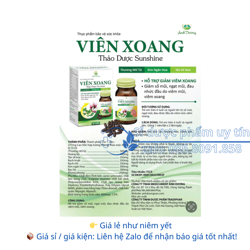 Viên Xoang Thảo Dược Sunshine giảm sổ mũi, ngạt mũi, đau nhức đầu do viêm mũi, viêm xoang hộp 30 viên