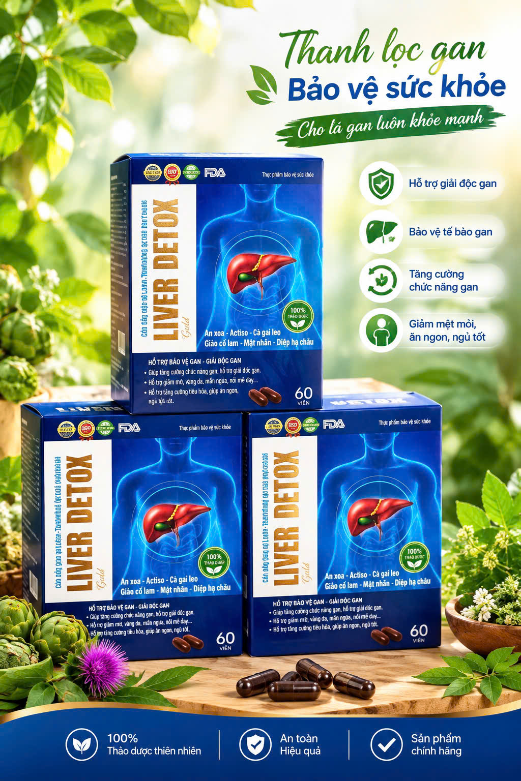 (Mua Sỉ Liên Hệ Zalo) Viên uống Liver Detox Gold giúp thanh nhiệt, giải độc gan, tăng cường chức năng gan hộp 60 viên
