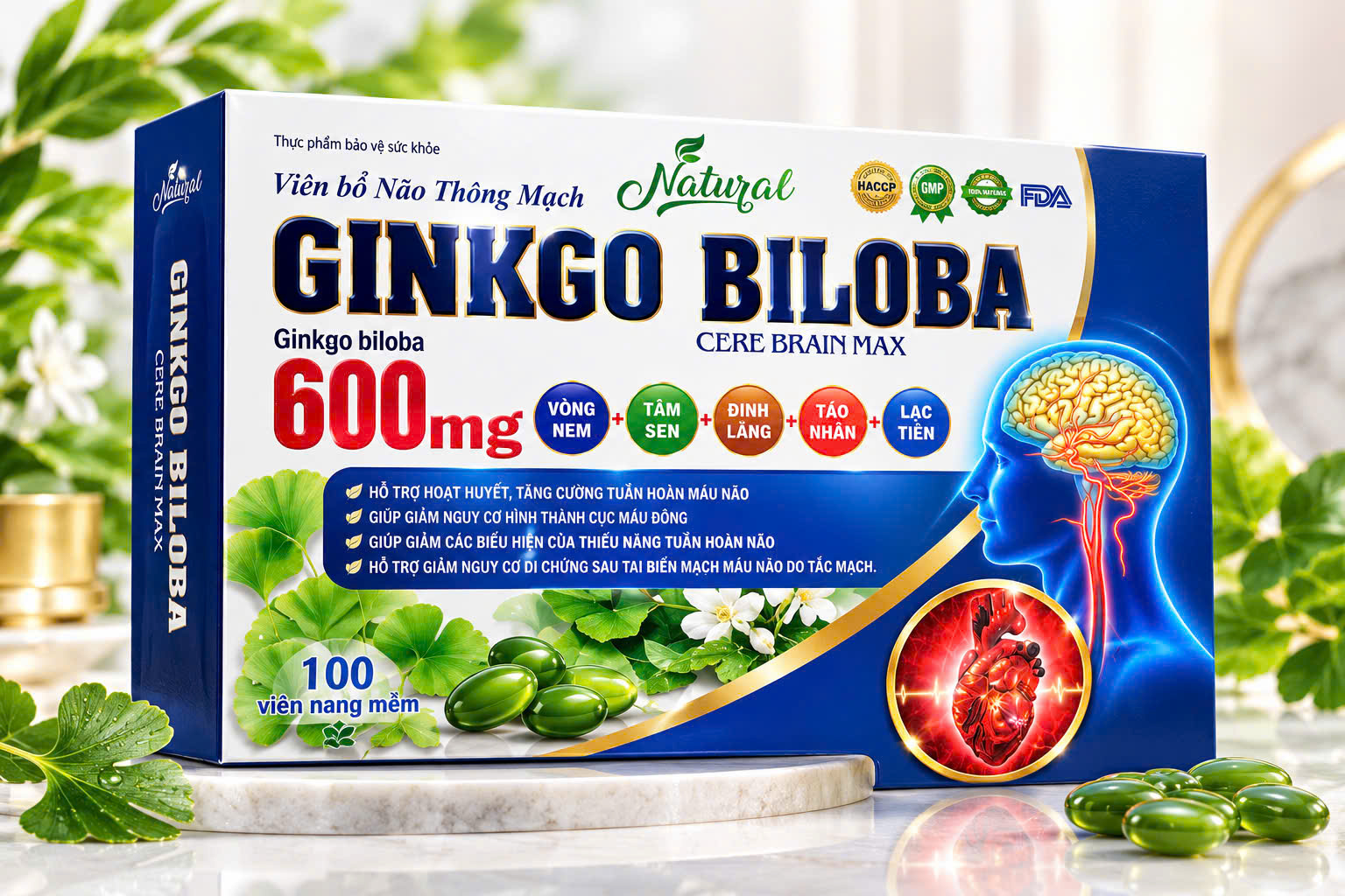 (Mua Sỉ Liên Hệ Zalo) Viên uống Bổ Não thông mạch Ginkgo Biloba Cere Brain Max Xanh Dương giúp hoạt huyết, tăng cường lưu thông máu hộp 100 viên