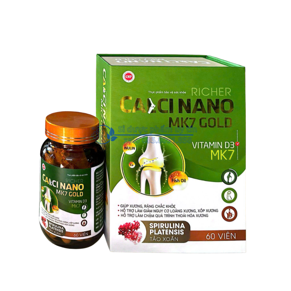 Viên uống Richer Calci Nano MK7 Gold giúp bổ sung Calci, vitamin D3, MK7 và khoáng chất cần thiết hỗ trợ làm giảm nguy cơ loãng xương, xốp xương, thiếu calci hộp 60 viên