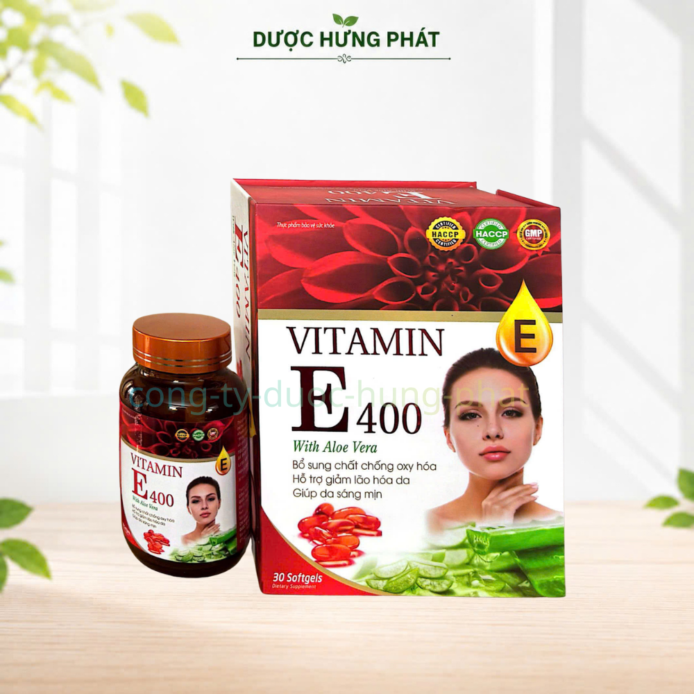 Viên uống Vitamin E 400 With Aloe Vera giúp bổ sung chất chống oxy hóa, hỗ trợ giảm lão hóa da, giúp da sáng mịn hộp 30 viên