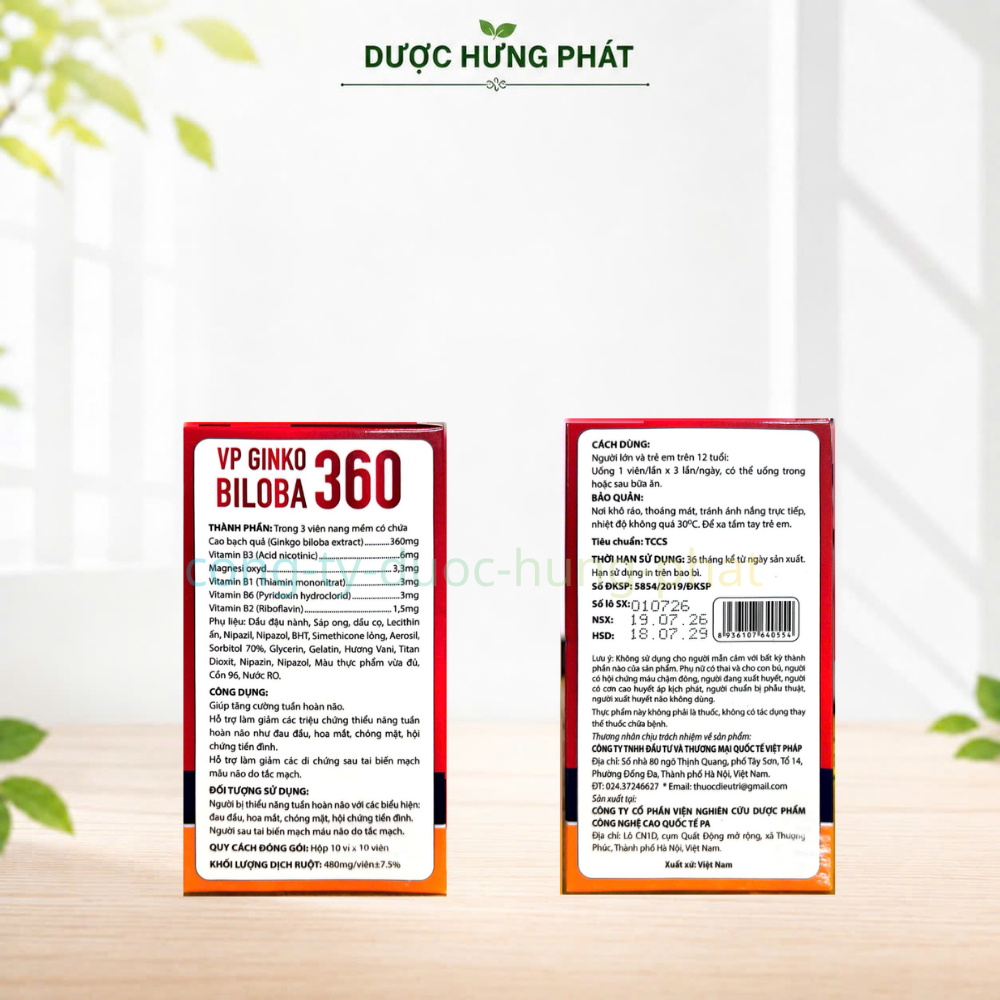 Viên uống bổ não VP Ginko Biloba 360 Hộp Đỏ giúp tăng cường tuần hoàn não, giảm các triệu chứng thiểu năng tuần hoàn não hộp 100 viên