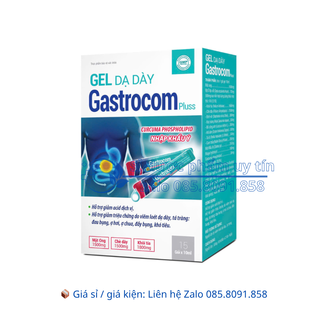 Gel Dạ Dày Gastrocom Pluss giúp giảm triệu chứng do viêm loét dạ dày, tá tràng: đau bụng, ợ hơi, ợ chua, đầy bụng, khó tiêu hộp 15 gói