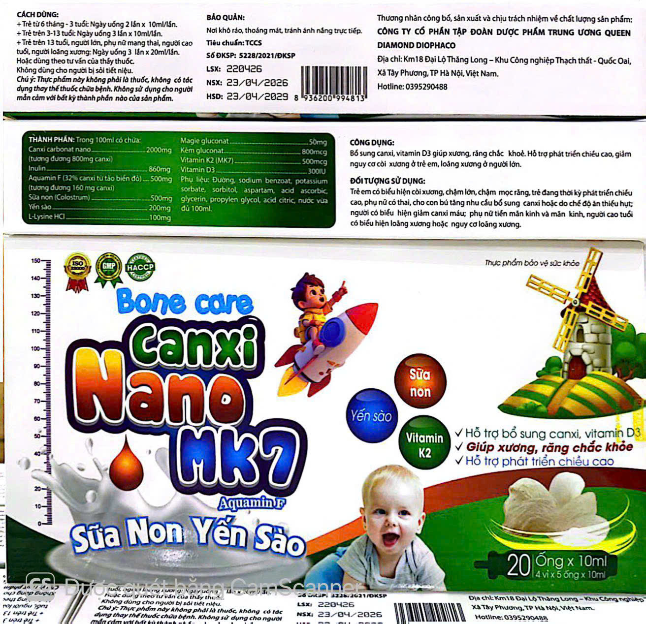 Siro Bonecare Canxi Nano MK7 Aquamin F Sữa Non Yến Sào giúp bổ sung canxi, chắc khoẻ xương hộp 20 ống