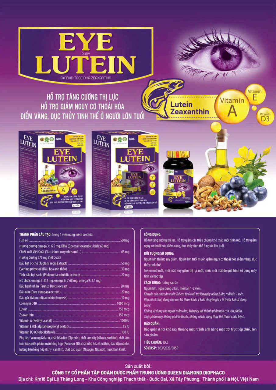 (Mua Sỉ Liên Hệ Zalo) Viên uống bổ mắt Eye Lutein giúp cải thiện thị lực, giảm các biểu hiện khô mắt, mỏi mắt, giảm nguy cơ thoái hóa mắt hộp 60 viên
