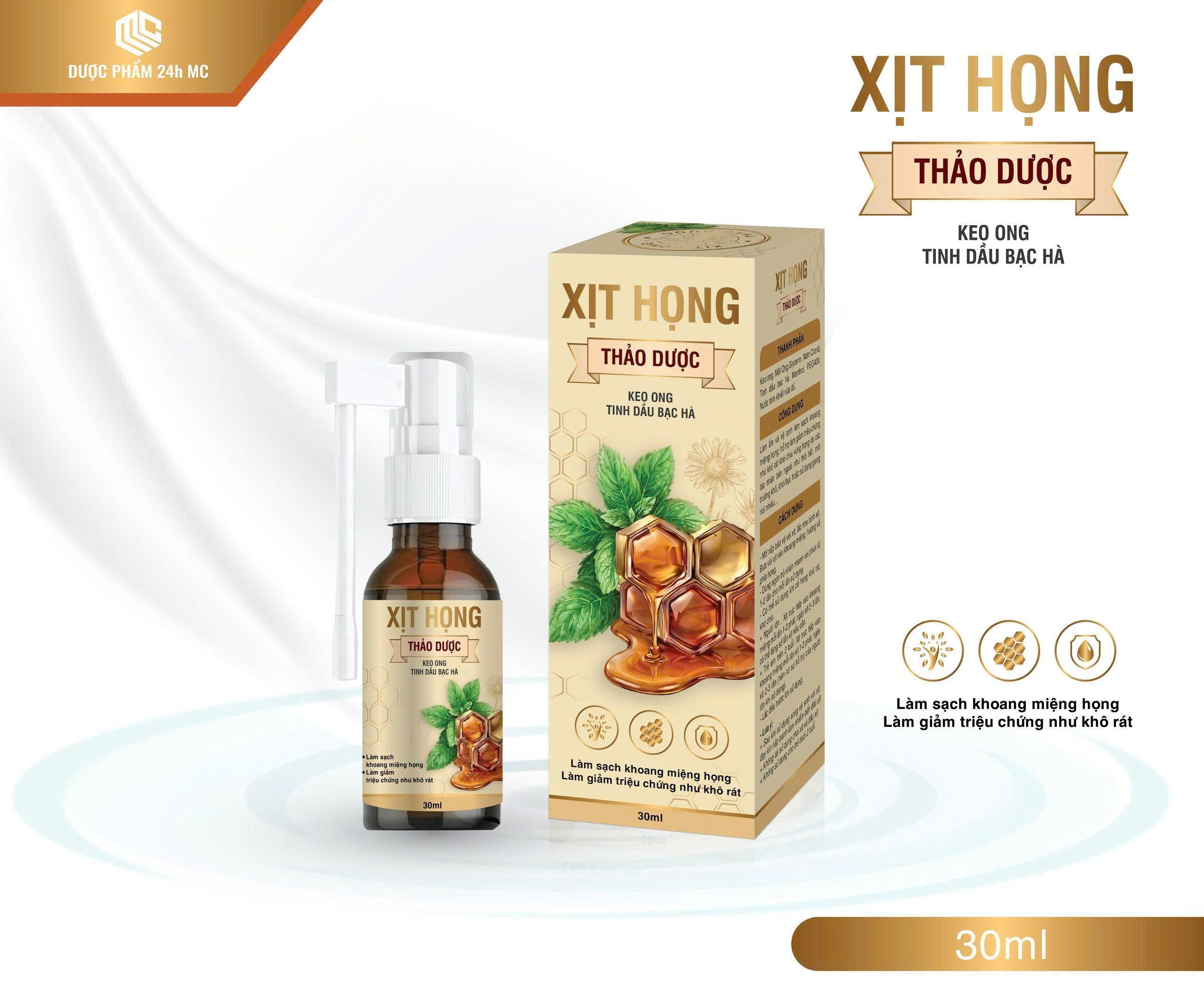 (Mua Sỉ Liên Hệ Zalo) Xịt Họng Thảo Dược Keo Ong Tinh Dầu Bạc Hà giúp làm dịu cổ họng giảm ngứa rát cổ họng, đau họng hộp 30 ml