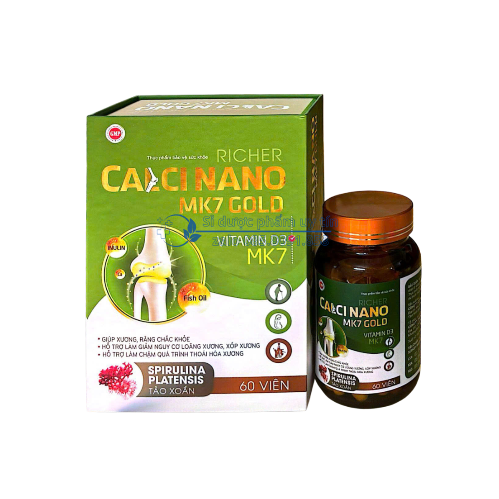 Viên uống Richer Calci Nano MK7 Gold giúp bổ sung Calci, vitamin D3, MK7 và khoáng chất cần thiết hỗ trợ làm giảm nguy cơ loãng xương, xốp xương, thiếu calci hộp 60 viên