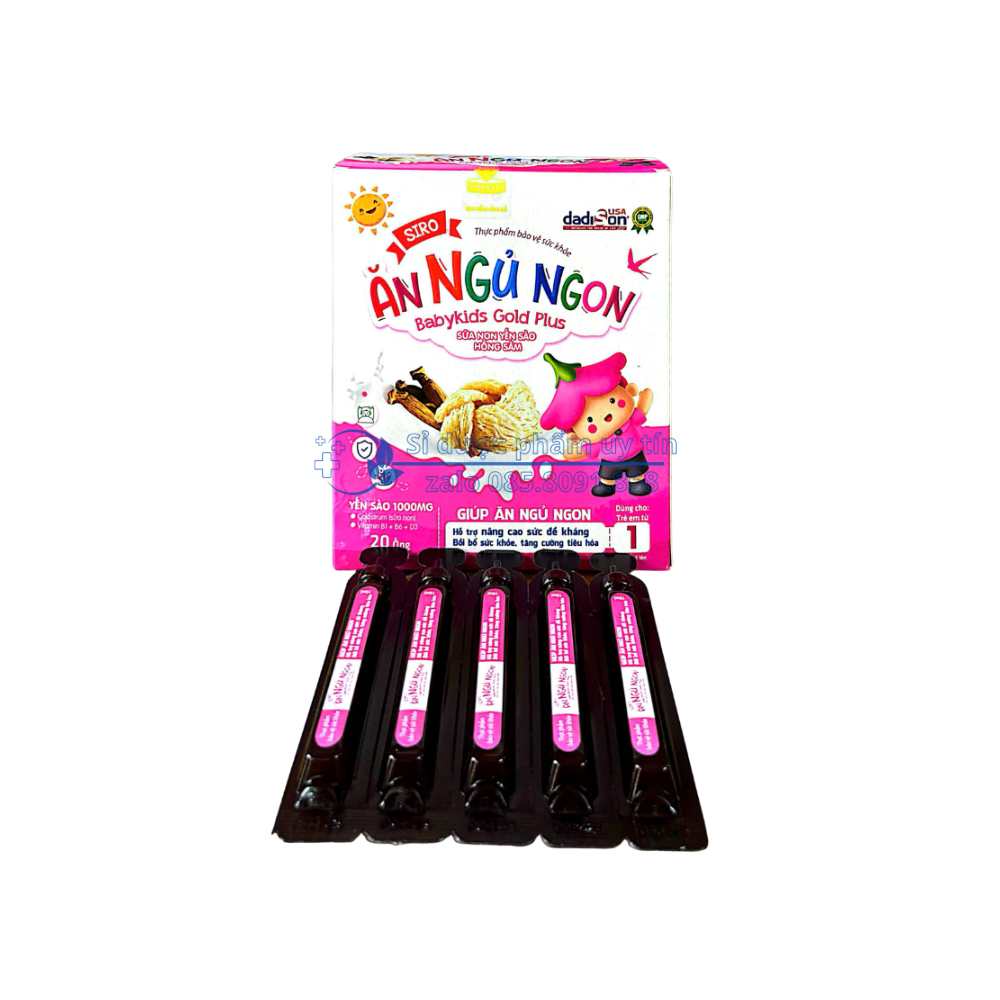Siro Ăn Ngủ Ngon Babykids Gold Plus Sữa Non Yến Sào Hồng Sâm giúp bồi bổ sức khỏe, tăng cường tiêu hóa, giúp ăn ngủ ngon, nâng cao sức đề kháng hộp 20 ống