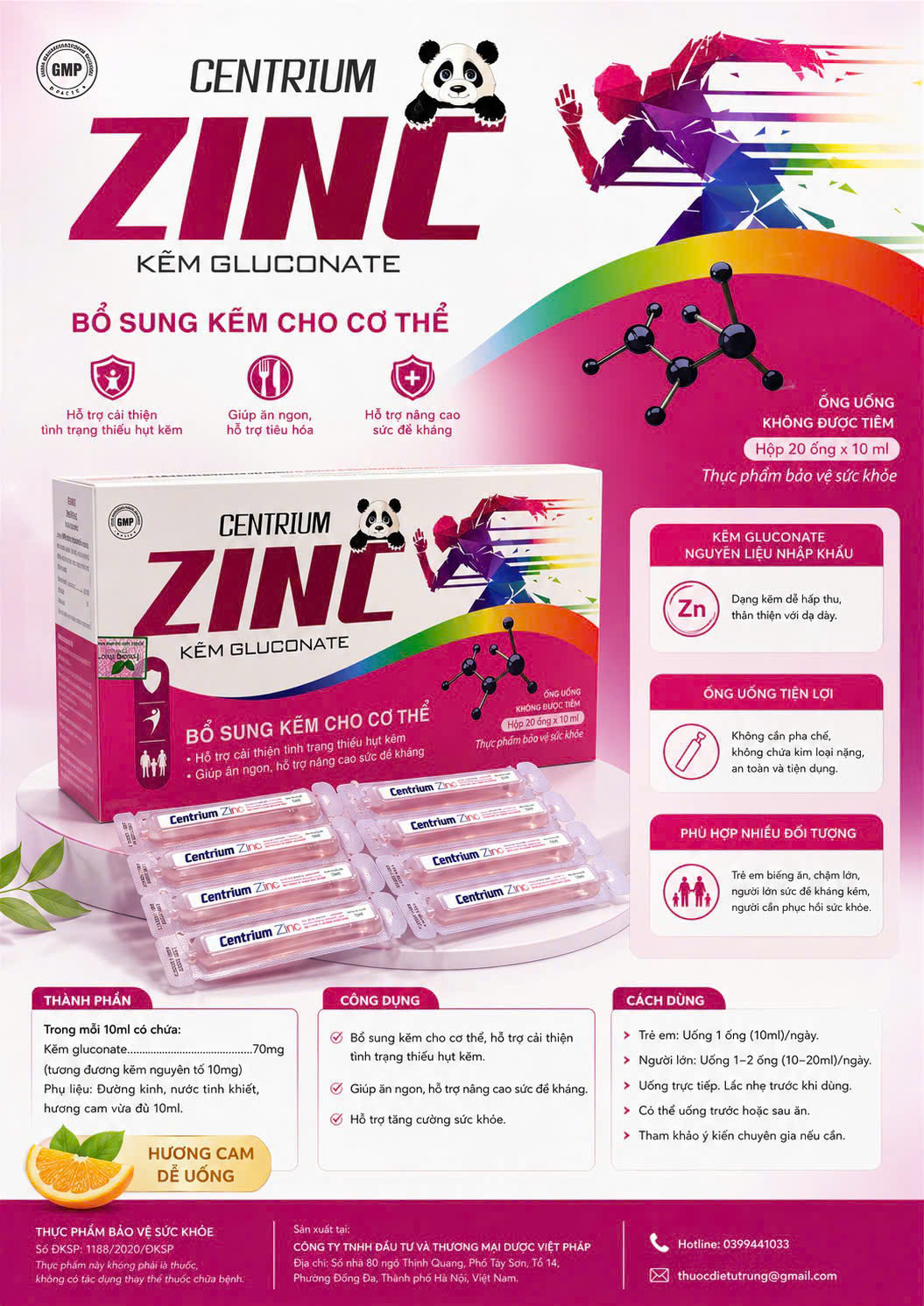 (Mua Sỉ Liên Hệ Zalo) Siro Centrium Zinc Kẽm Gluconate giúp bổ sung kẽm, ăn ngủ ngon, tăng cường sức đề kháng hộp 20 ống