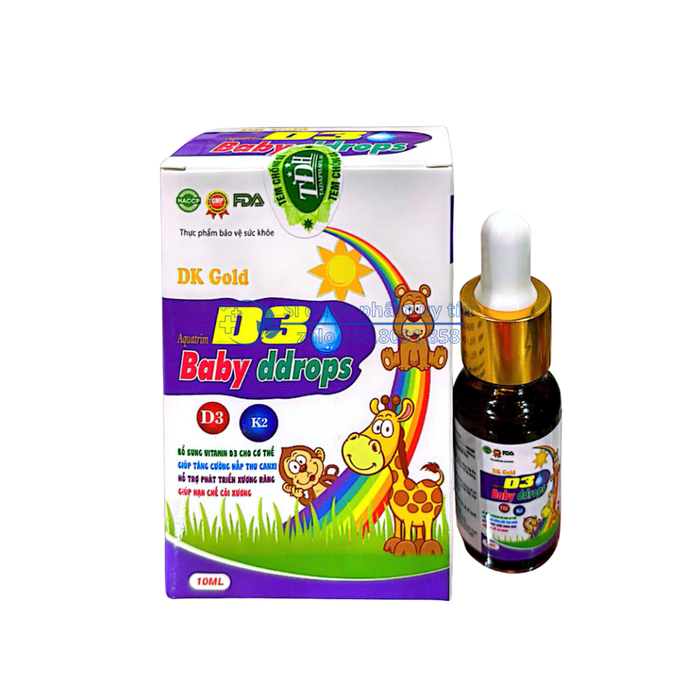 Siro DK Gold Aquatrim D3 Baby Ddrops giúp bổ sung vitamin D3 cho cơ thể, giúp tăng cường hấp thu canxi, hỗ trợ phát triển xương răng hộp 10 ml