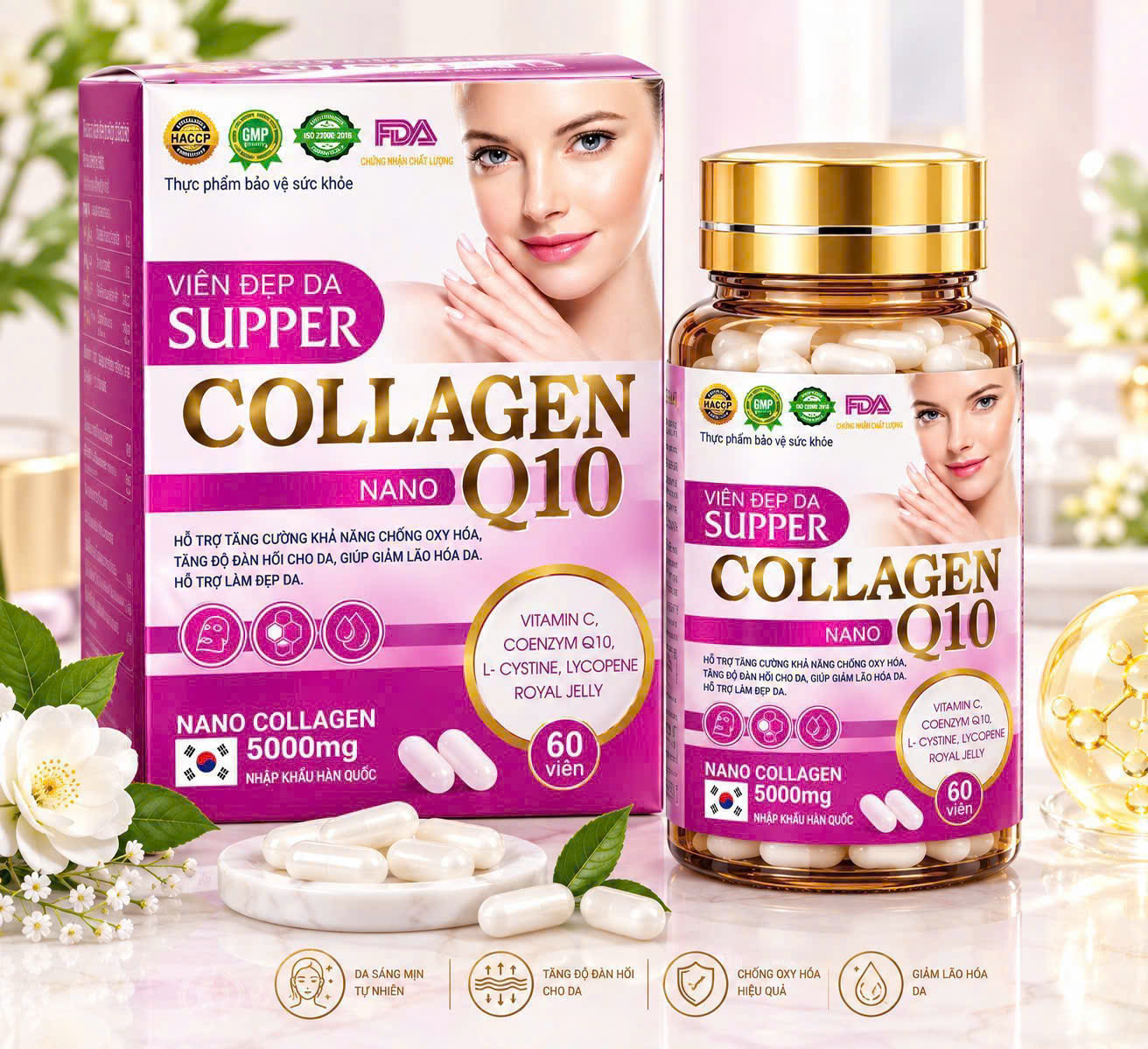 Viên uống đẹp da Supper Collagen Nano Q10 hộp Hồng giúp tăng độ ẩm, tăng đàn hồi cho da, giúp sáng đẹp da hộp 30 viên