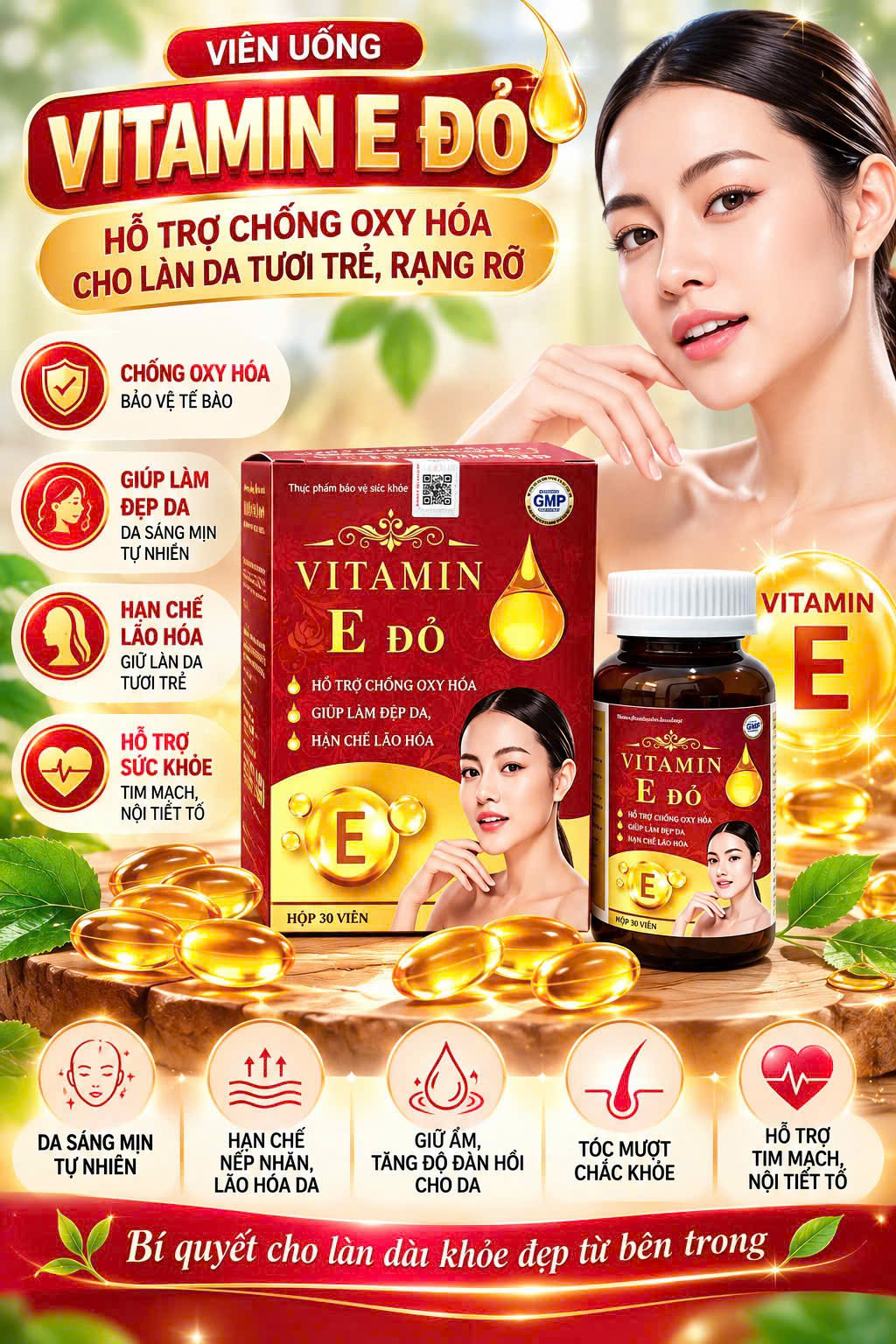 (Mua Sỉ Liên Hệ Zalo) Viên uống Vitamin E Đỏ Viên Vàng giúp hỗ trợ chống oxy hóa, giúp bảo vệ và hạn chế lão hóa da, giúp da sáng, mịn hộp 30 viên
