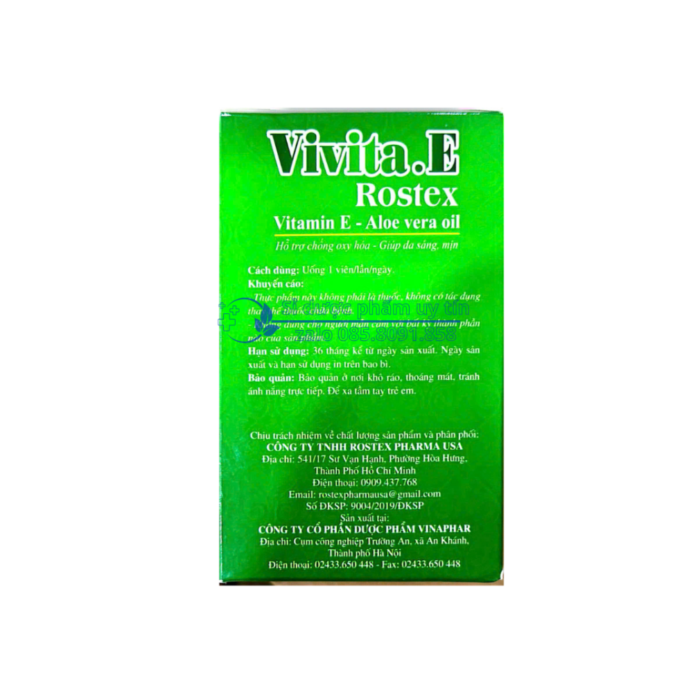Viên uống Vivita.E Rostex giúp bổ sung vitamin E, hỗ trợ chống oxy hóa, giúp bảo vệ và hạn chế lão hóa da, giúp da sáng, mịn hộp 30 viên