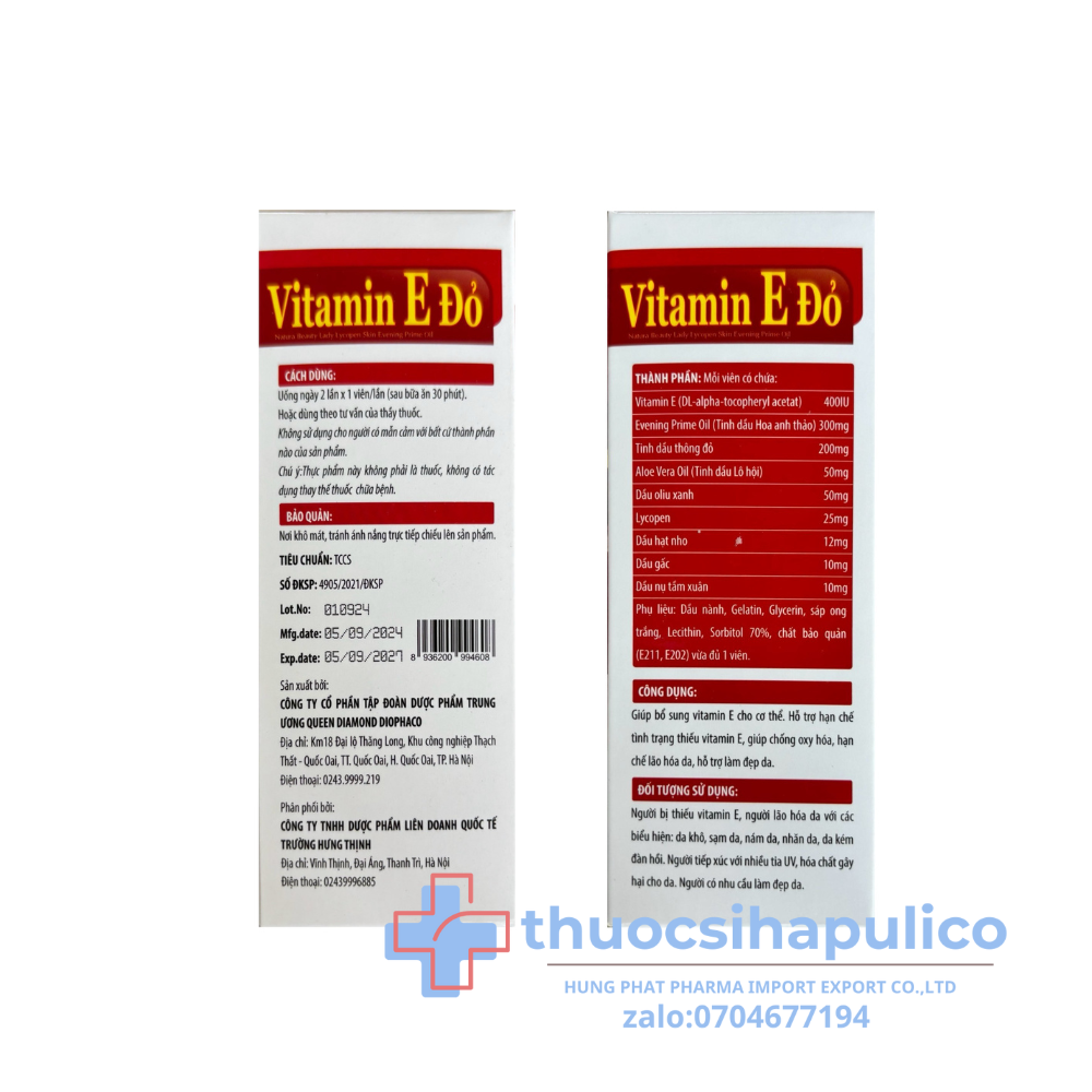 Vitamin E Đỏ 2000 IU giúp chống oxy hóa, hạn chế lão hóa da, làm đẹp da hộp 30 viên